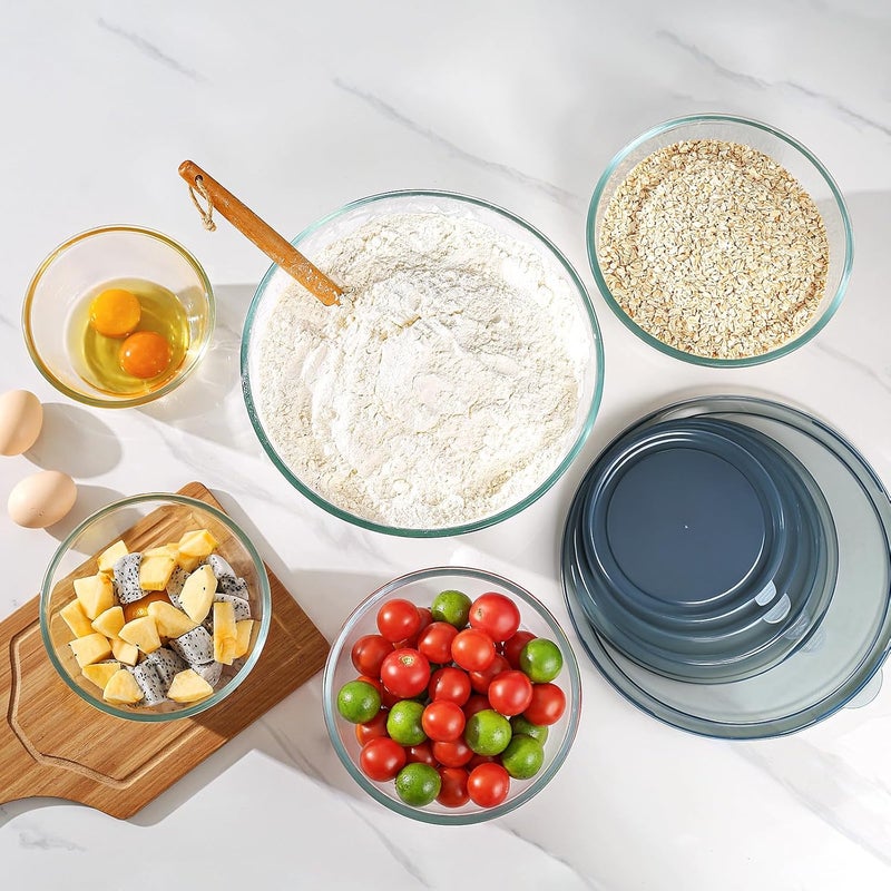 KEMETHY أطقم أطباق خلط زجاجية مع أغطية مجموعة من 5 (4.78QT، 2.2QT، 1.7QT، 1.1QT، 0.85QT)، أطباق زجاجية سميكة للتداخل للاستخدام في المطبخ، الخبز، التحضير، التخزين، التقديم، أطباق سلطة كبيرة، آمنة في غسالة الصحون والميكروويف والفريزر. - Image 3
